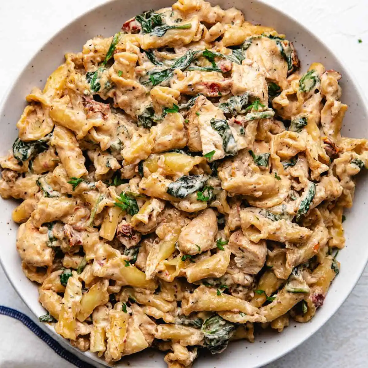 Pasta noodles tossed in creamy spinach and sundried tomatoes.