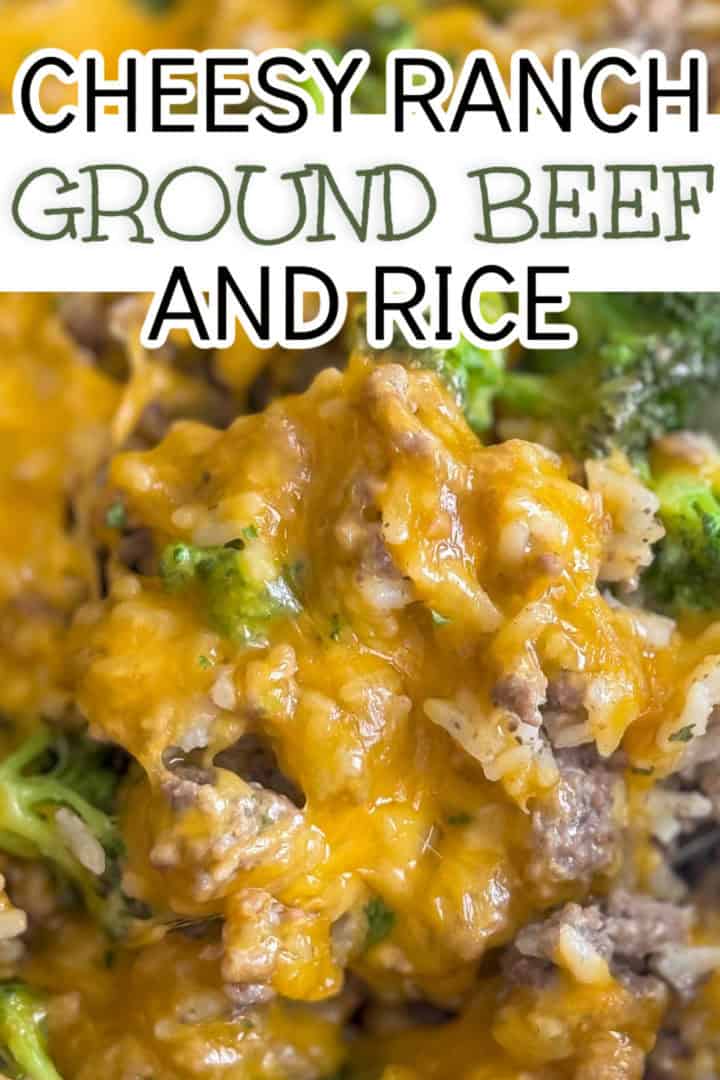 Melted cheese over ground beef, rice and broccoli.