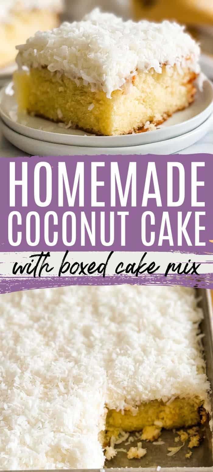 Collage showing two photos of homemade coconut cake.