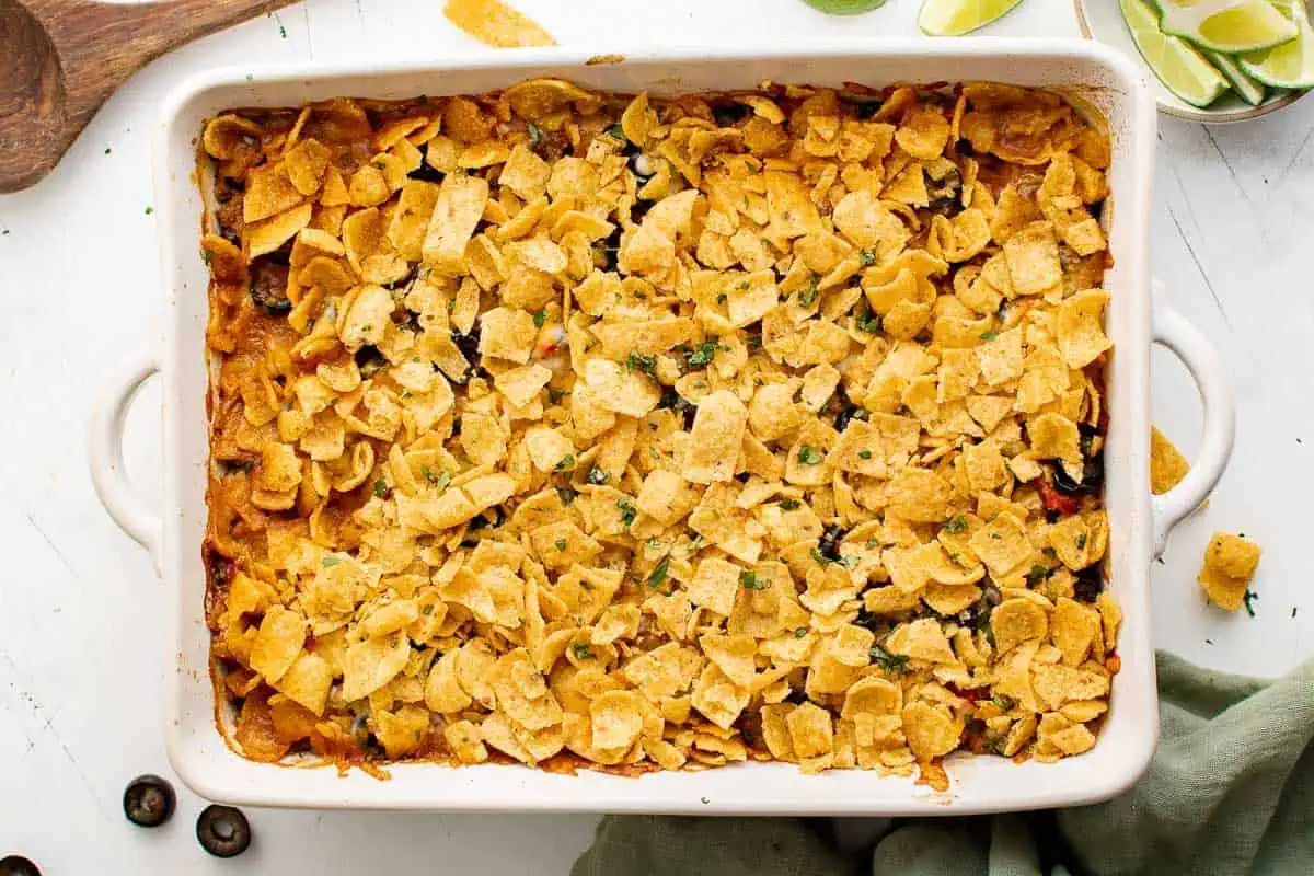 Corn chips over a taco casserole.