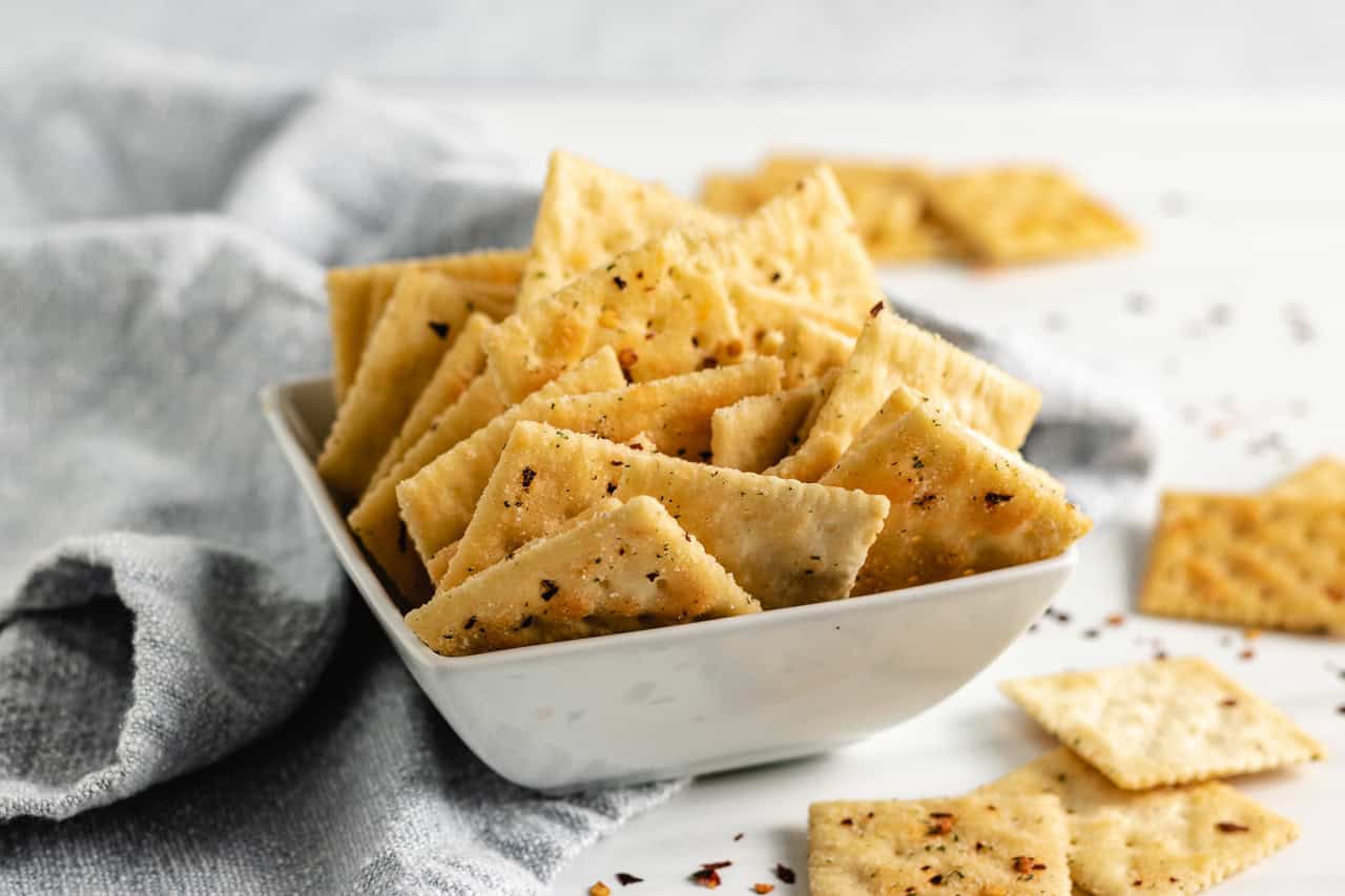 Seasoned fire crackers in a square dish.