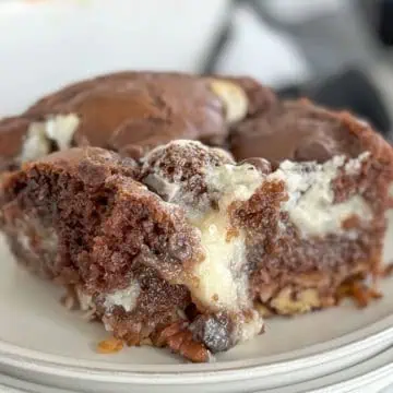 Two plates with a slice of earthquake cake.