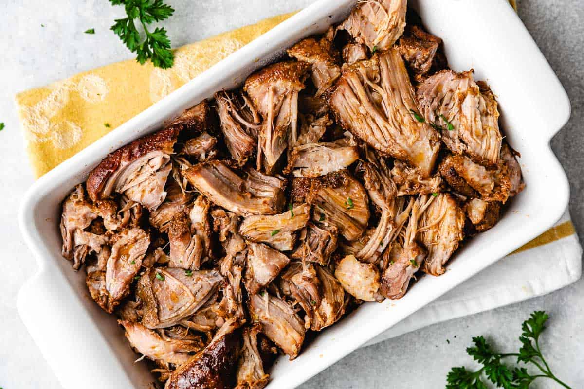 Top down view of crockpot country style ribs in a dish.