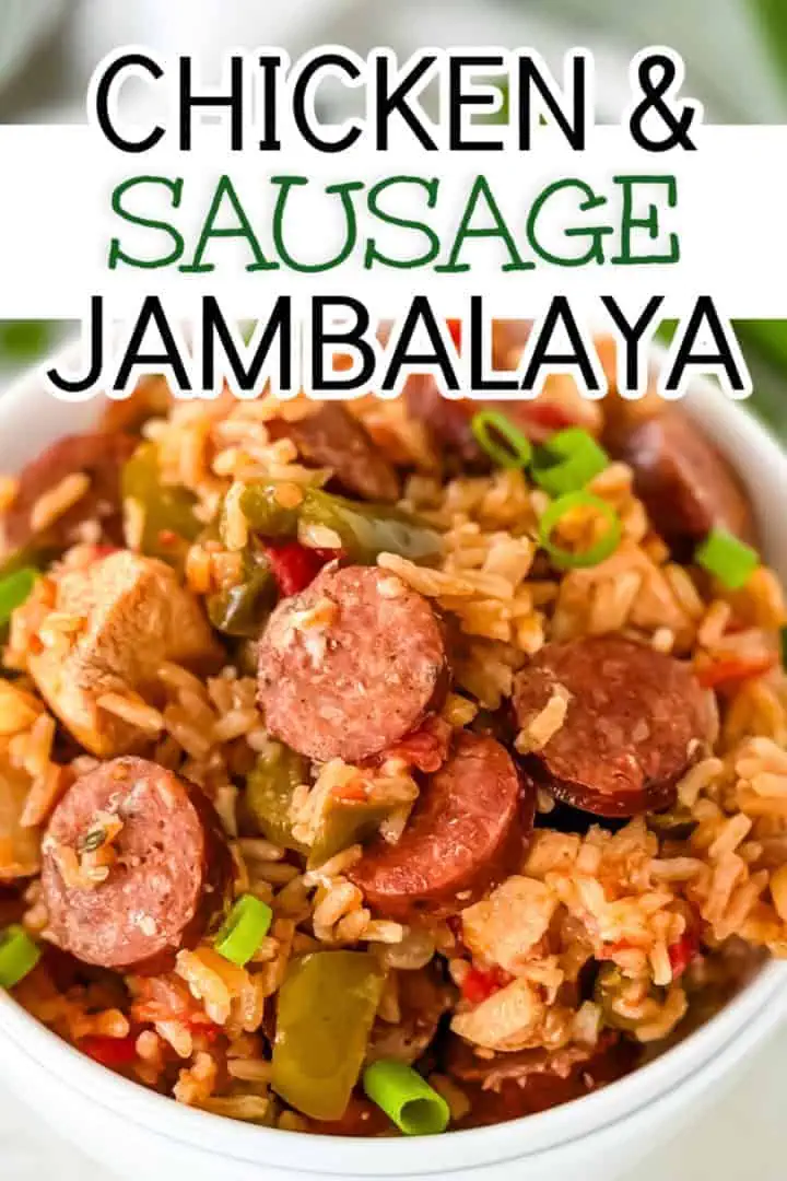 A delicious rice dish with sausage and chicken, presented in a white bowl, with text overlay "chicken & sausage jambalaya. "