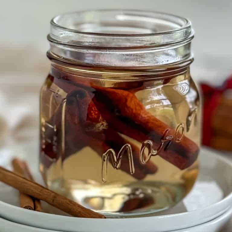 Close-up image of a mason jar containing cinnamon syrup with cinnamon sticks inside, set on a white plate.