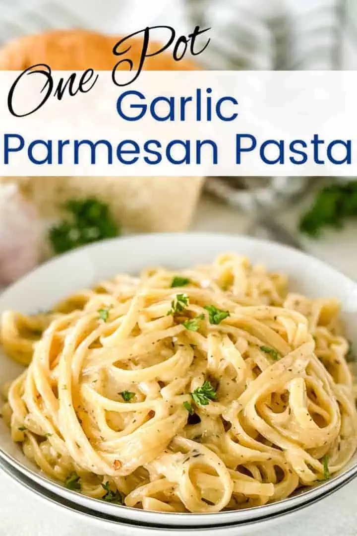 A bowl of creamy pasta with a banner reading "one pot garlic parmesan pasta. "