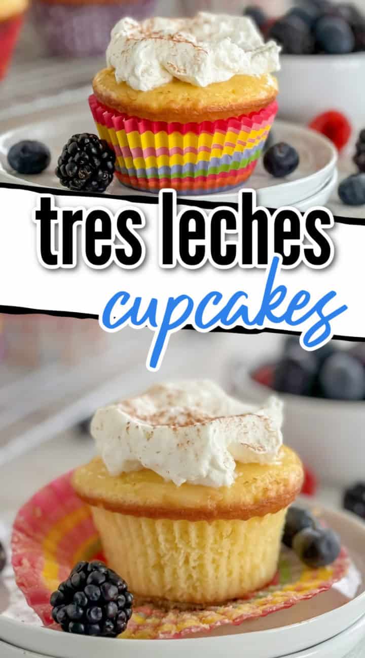 A collage featuring two cupcakes, each topped with whipped cream and a dusting of cinnamon, with the text "tres leches cupcakes" overlayed.