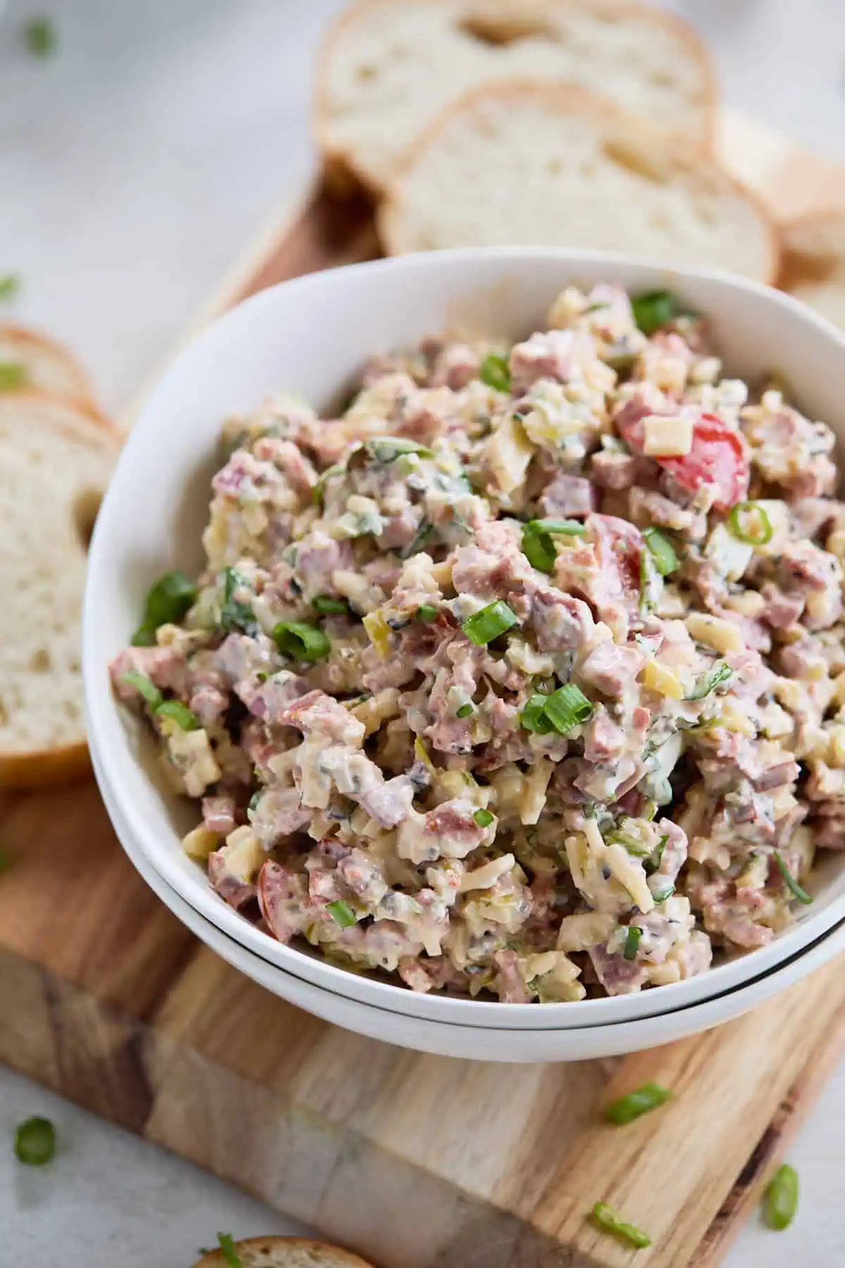 A close-up top-down view of a white bowl filled with a creamy mixture of diced italian meats, cheese, and vegetables, garnished with green onions, and slices of french baguette in the background.