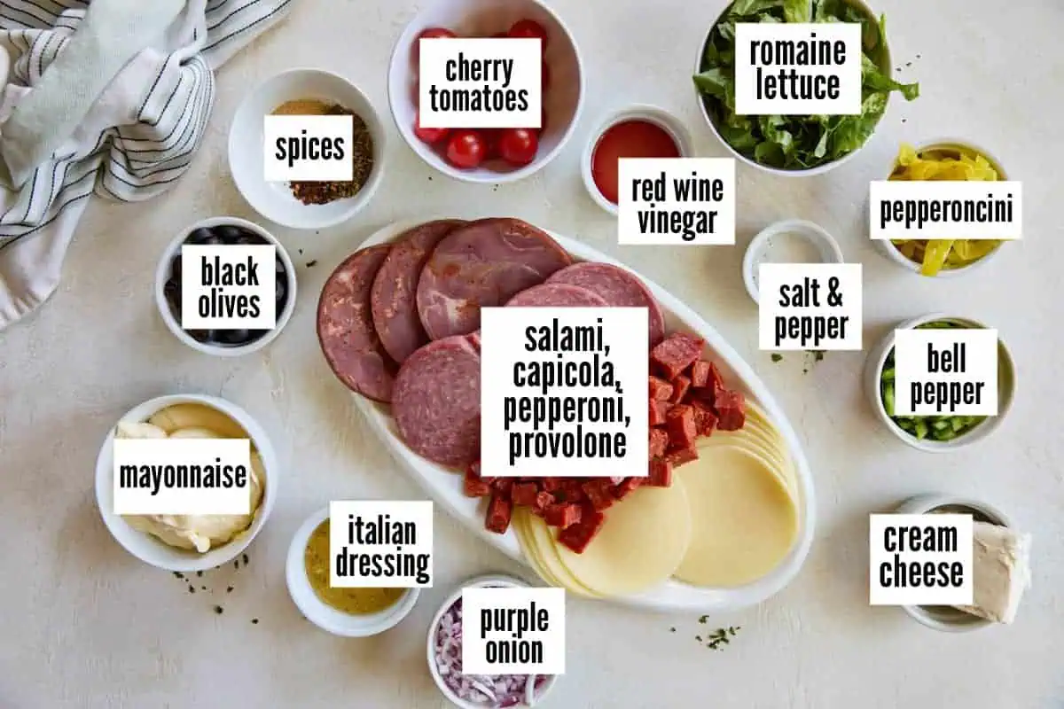 An overhead shot of various ingredients for the hoagie dip laid out on a table, including sliced italian meats, provolone cheese, cherry tomatoes, spices, black olives, romaine lettuce, red wine vinegar, bell pepper, pepperoncini, mayonnaise, italian dressing, cream cheese, and purple onion, all labeled for clarity.