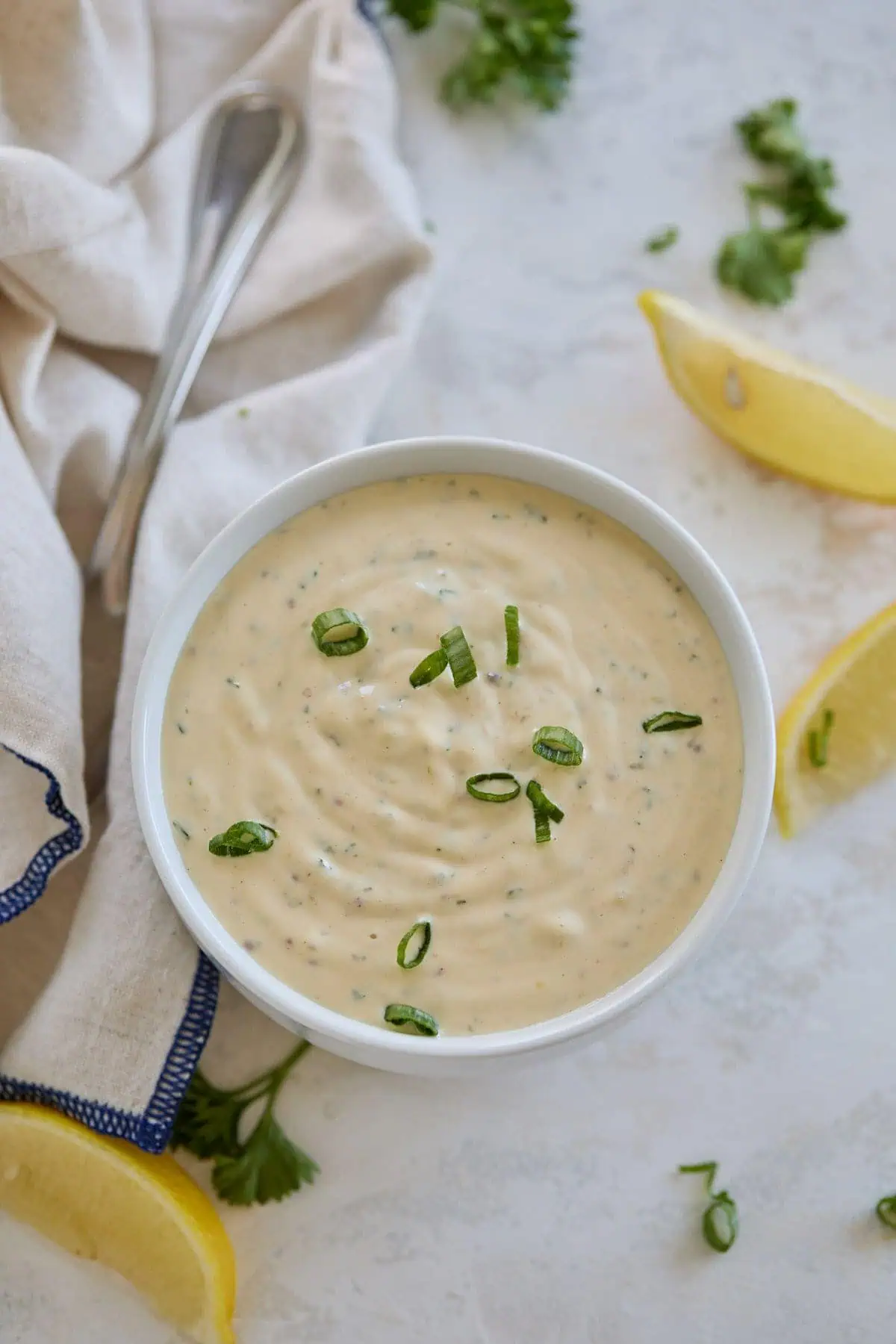 Overhead view of a bowl of tangy sauce, garnished with green onions, with a spoon and napkin nearby.