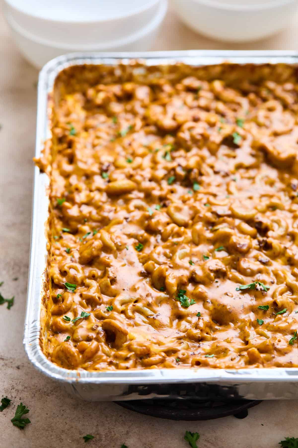 A full pan of baked chili mac.