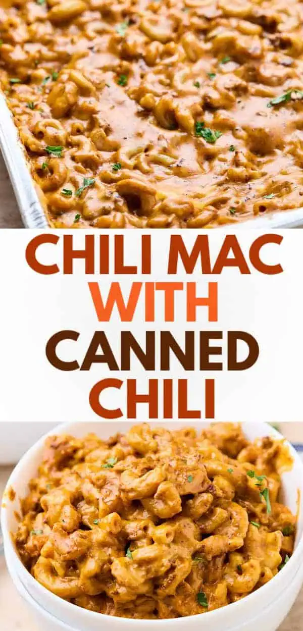 A baking dish filled with cheesy chili mac.