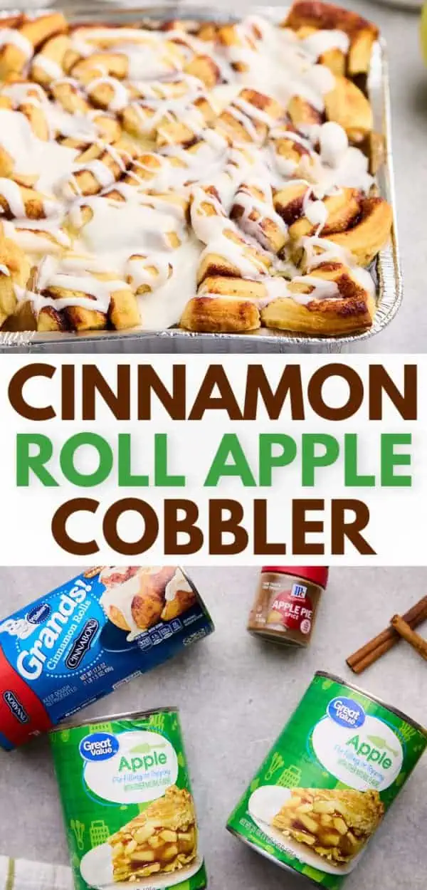 Easy cinnamon roll apple cobbler made with pillsbury cinnamon rolls and apple pie filling, perfect for a dessert or apple cinnamon breakfast casserole.