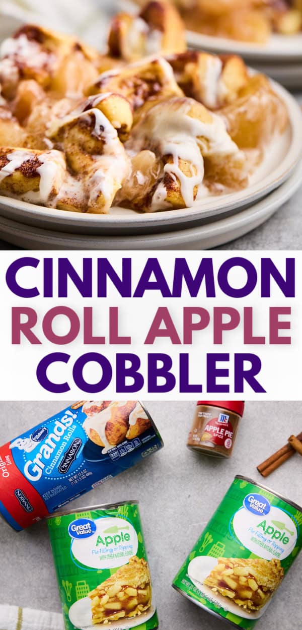 Delicious cinnamon roll apple cobbler dessert using pillsbury cinnamon rolls and apple pie filling, ideal for an easy apple pie casserole or breakfast bake.