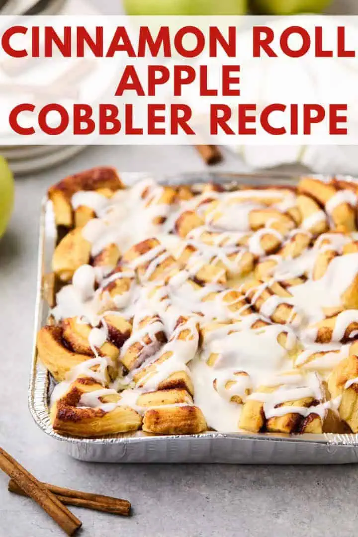 Delicious cinnamon roll apple cobbler dessert using pillsbury cinnamon rolls and apple pie filling, ideal for an easy apple pie casserole or breakfast bake.