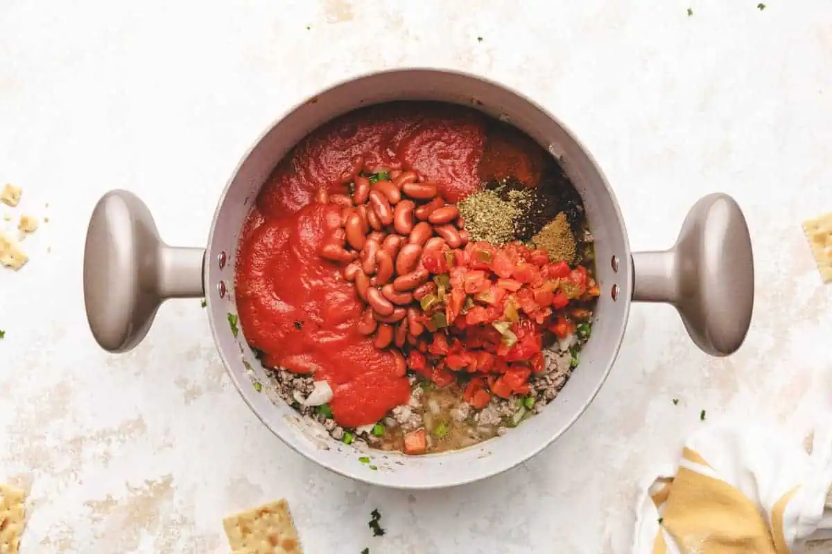 All ingredients for the easy chili recipe in a pot.