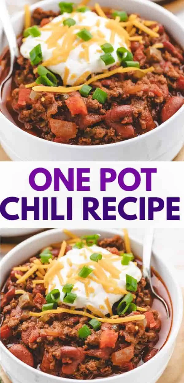 Easy stove top chili recipe in a bowl, topped with a dollop of sour cream, shredded cheddar cheese, and chopped green onions, featuring a blend of ground beef, kidney beans, and spices like cumin and smoked paprika for a delicious, warming meal.