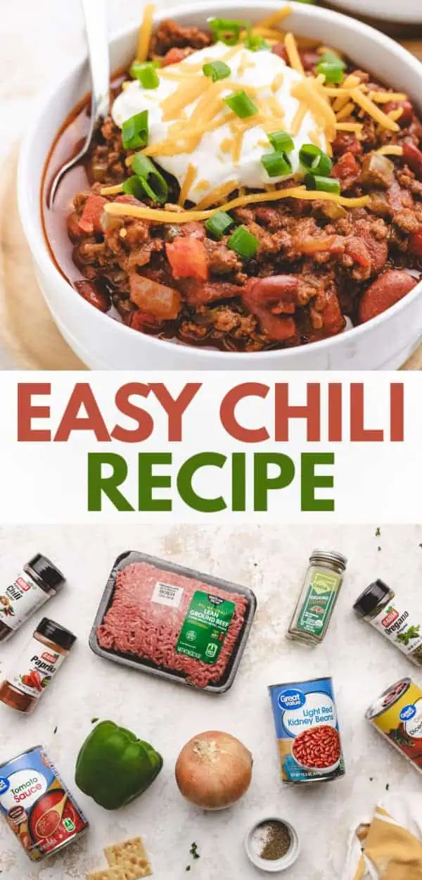 Ground beef chili recipe served in a bowl, garnished with cheddar cheese, sour cream, and green onions, showcasing the savory and hearty mix of kidney beans, diced tomatoes, and a blend of spices like cumin and chili powder for a rich taste.