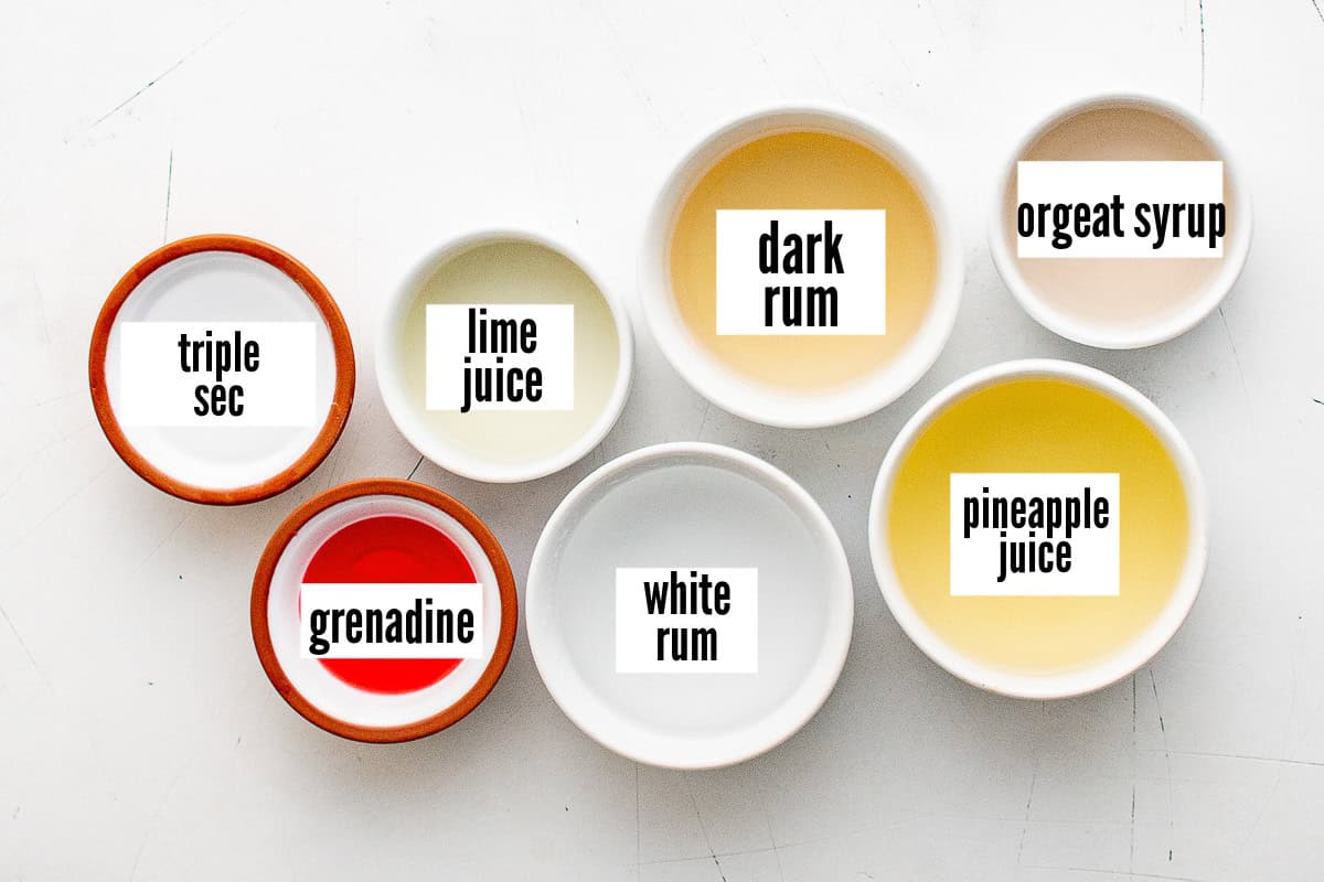 Ingredients used in a mai tai with their labels.