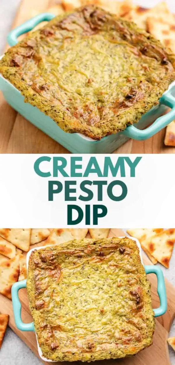 Two photos of cheesy pesto dip in a collage.