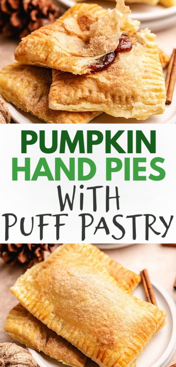 Freshly baked pumpkin pocket pies with a flaky puff pastry crust, showing a gooey pumpkin hand pie filling.