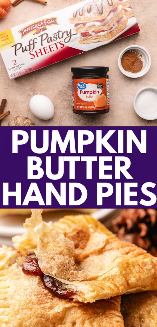 A creative flat lay of puff pastry sheets and pumpkin butter used to make handheld pumpkin pies.