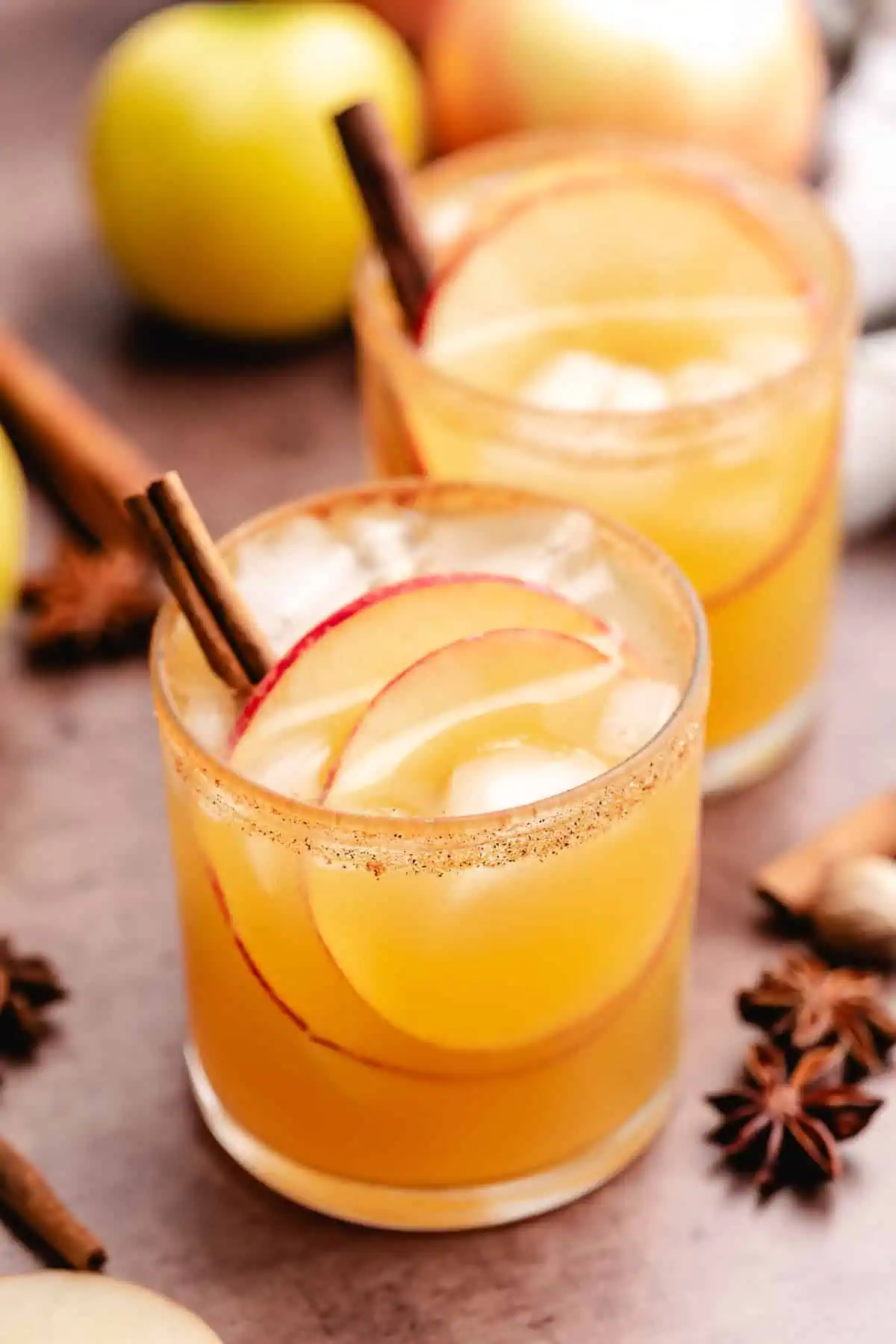 Cinnamon stick and apple slices in a cocktail.