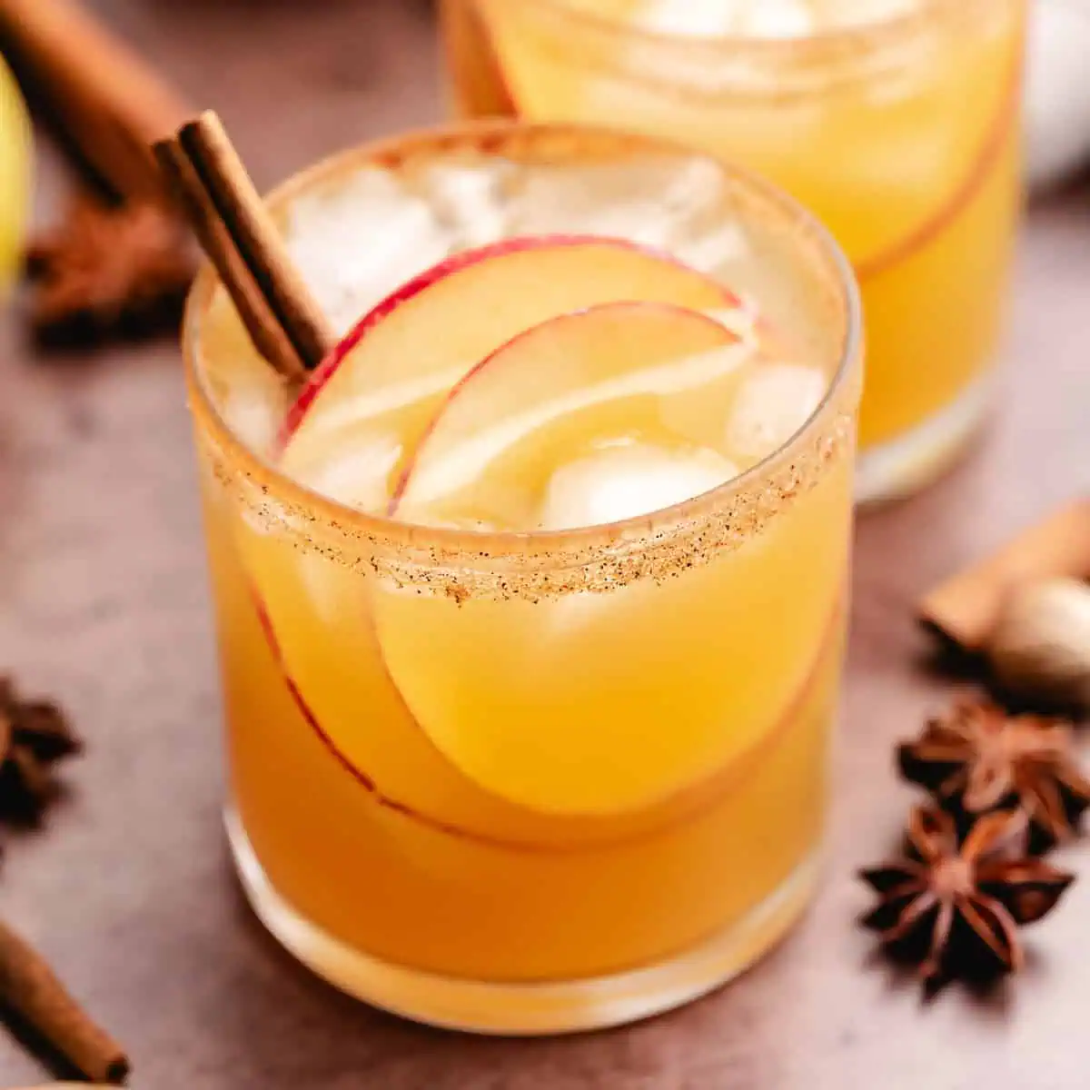 Close up view of fall apple cider margarita in a cocktail glass.