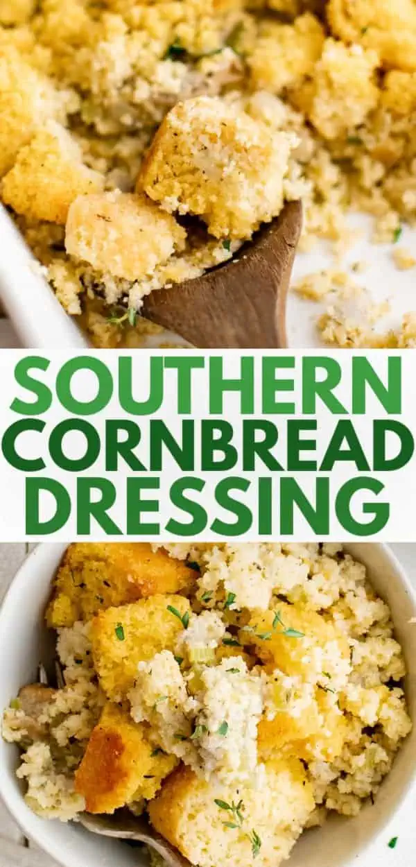 Collage showing 2 photos of easy cornbread dressing.