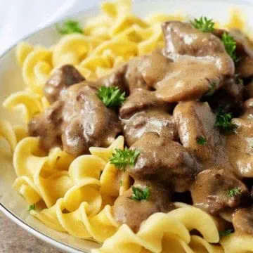 Instant pot beef stroganoff with egg noodles on a plate.