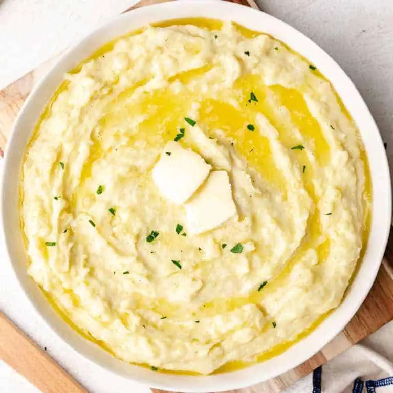 Overhead view of buttery mashed potatoes.