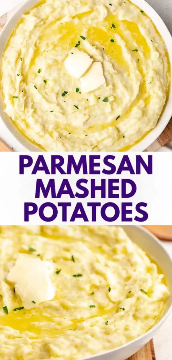 Collage showing 2 photos of mashed potatoes in a serving dish.