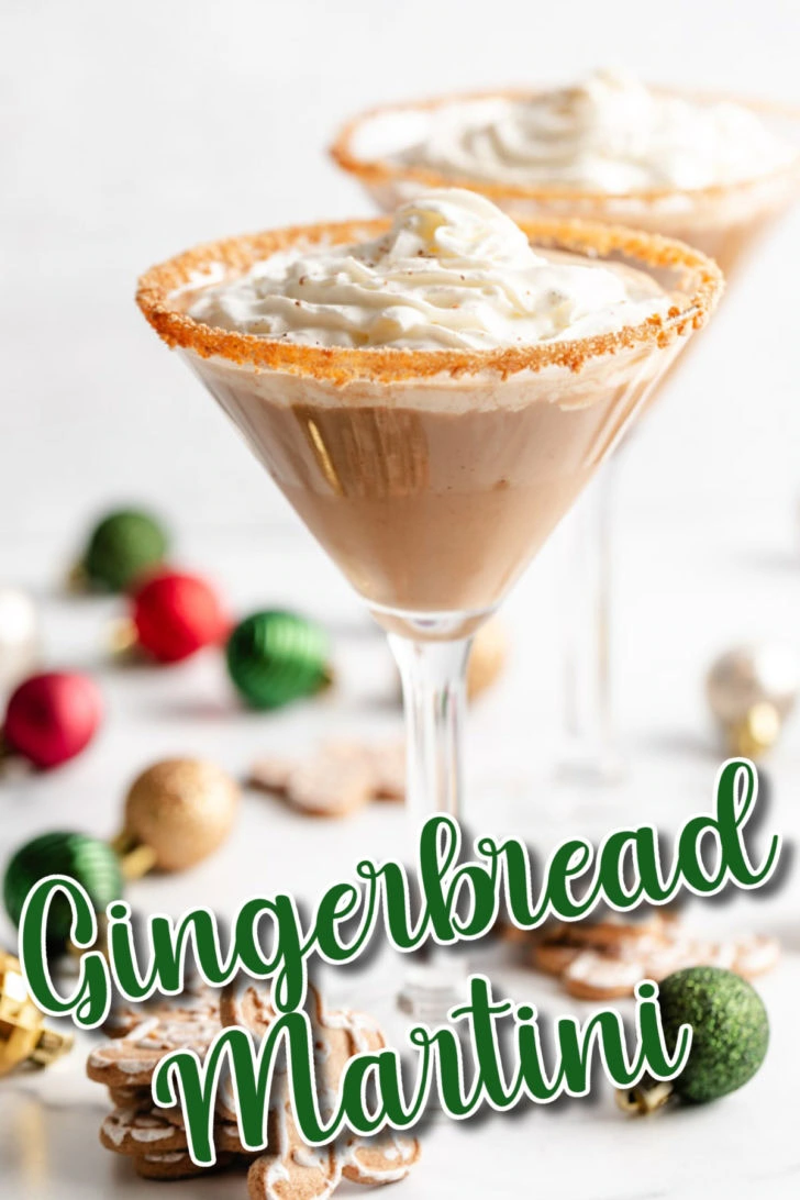 Holiday gingerbread martini with christmas-themed decorations and cookies.