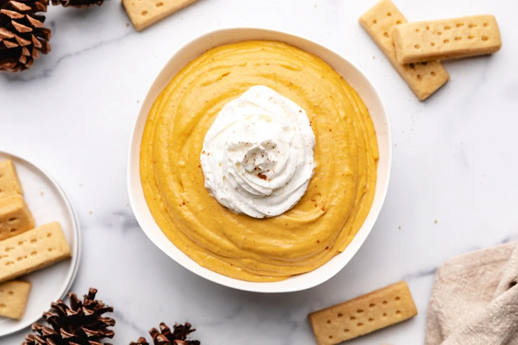 Top down view of pumpkin dip with cream cheese.