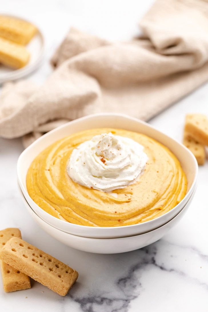 White bowl filled with pumpkin pie dip.