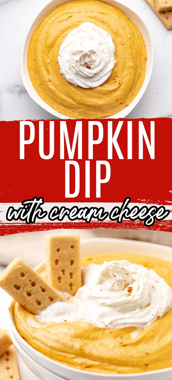 Two photos of creamy pumpkin dip in a collage.