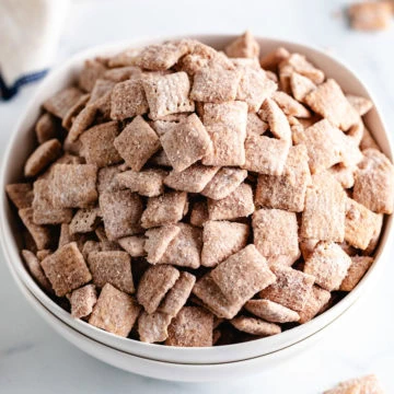 Bowl of cinnamon sugar-coated cereal snack mix.