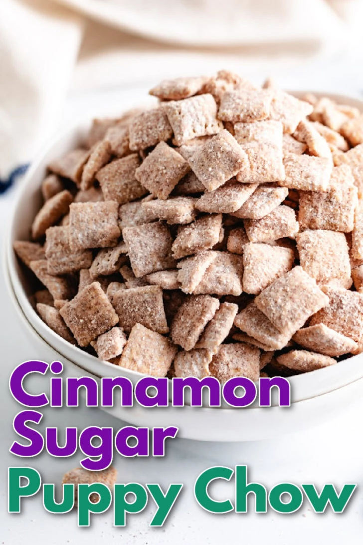 Cinnamon sugar cereal snack mix presented in a clean, bright setting.