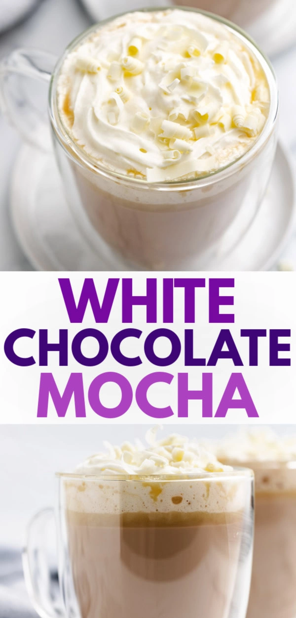 Collage showing 2 mugs of white chocolate mocha.