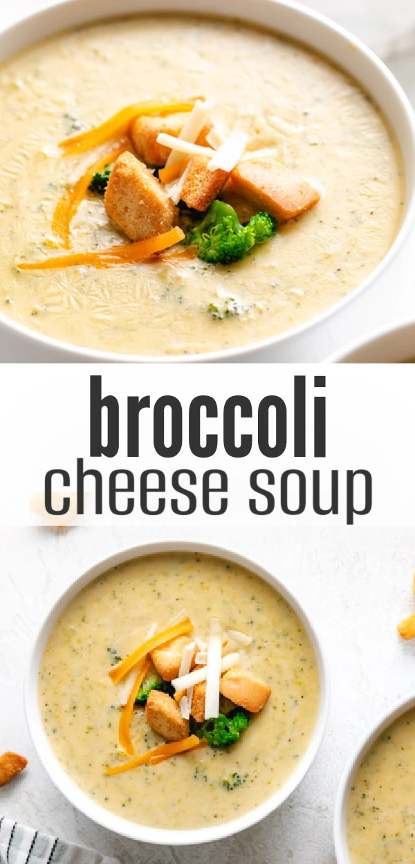 Collage showing two photos of broccoli soup in white bowls.