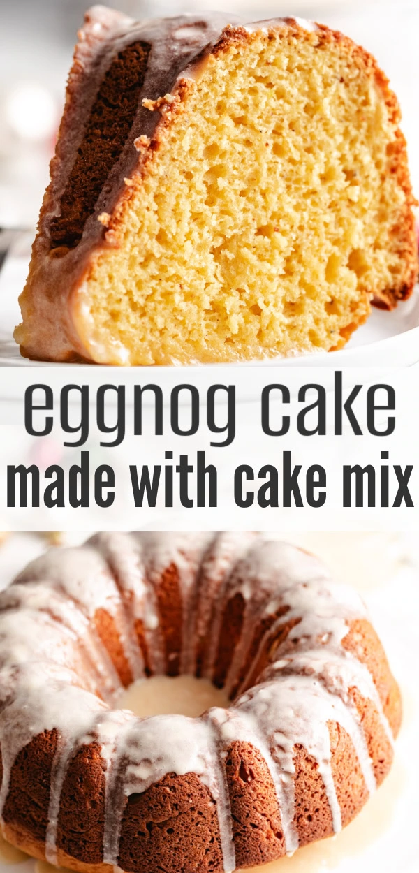 Collage showing two photos of an eggnog cake recipe.