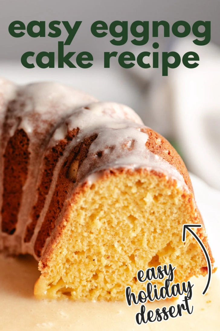 Close up view of a sliced bundt cake with glaze.