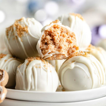 Close up view of a bite taken out of a gingerbread truffle.