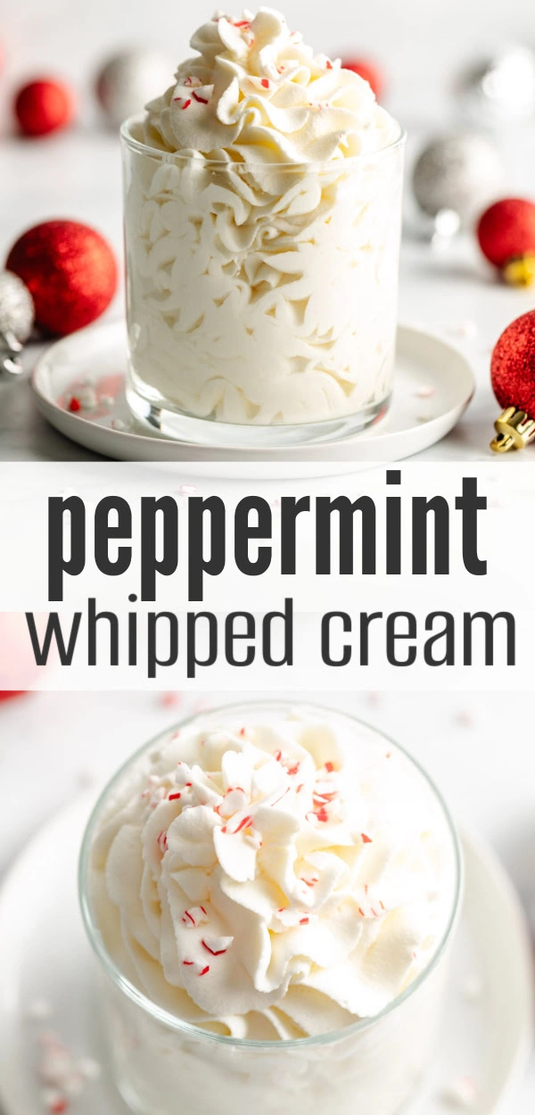 Two photos of peppermint whipped cream in a collage.