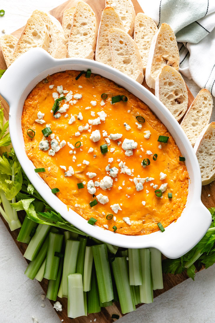 Overhead view of a dish of buffalo chicken dip.