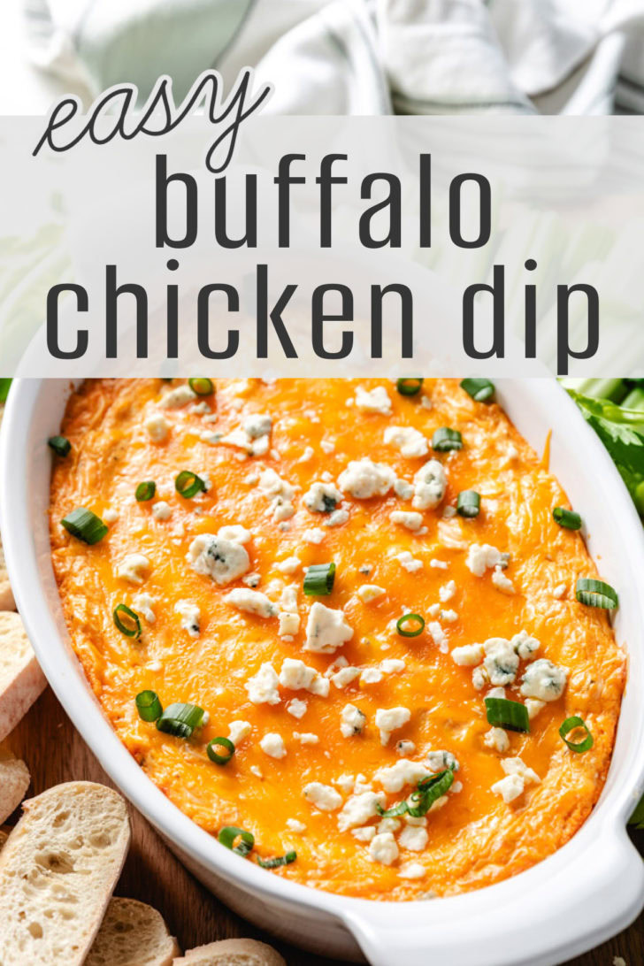 Buffalo chicken dip in a white dish.