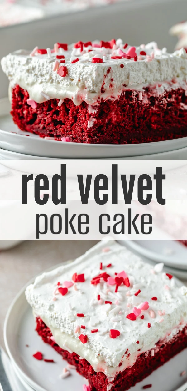 Collage showing two photos of poke cake.