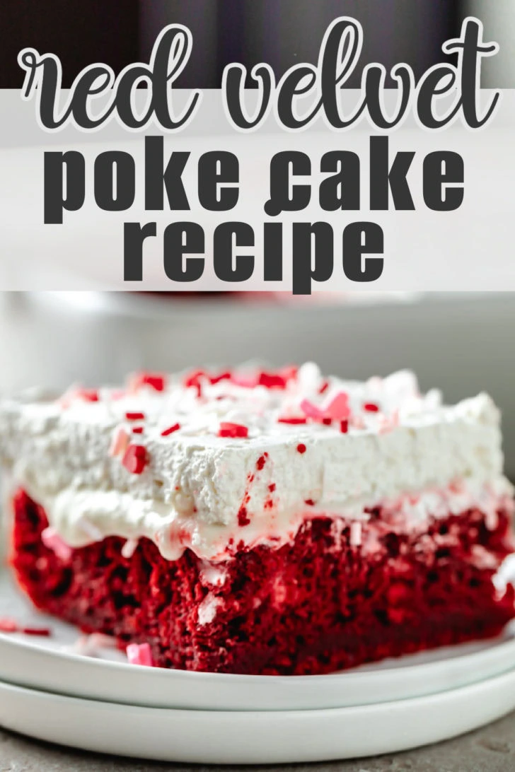 Close up view of a slice of poke cake on a plate.