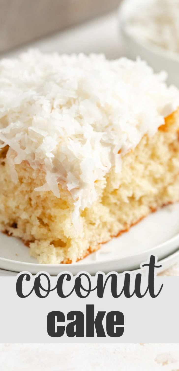 White cake topped with a layer of sweetened shredded coconut.