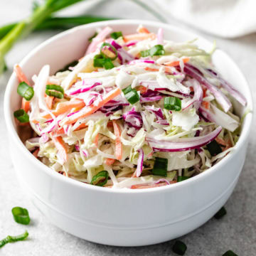 A close-up of a white bowl filled with colorful homemade coleslaw, topped with green onions.